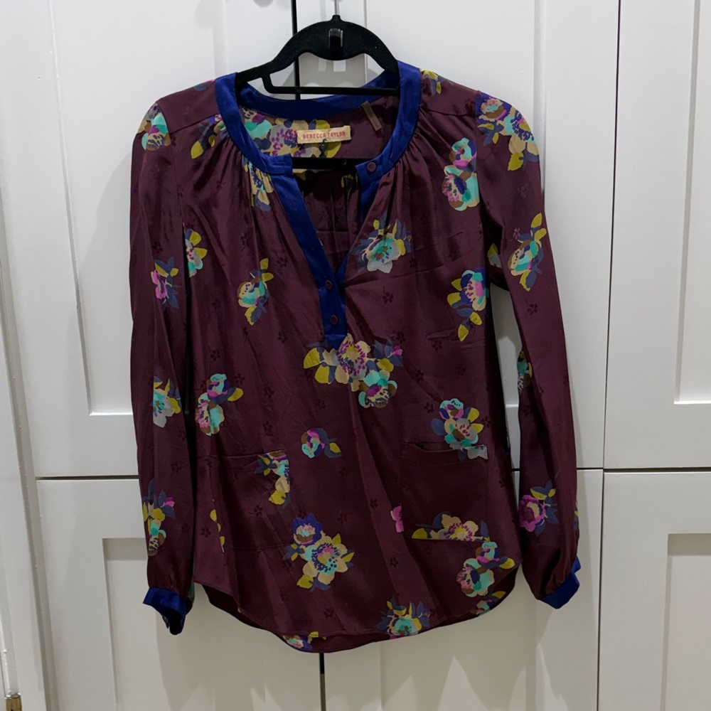 Rebecca Taylor Purple Floral Blouse with Blue Details